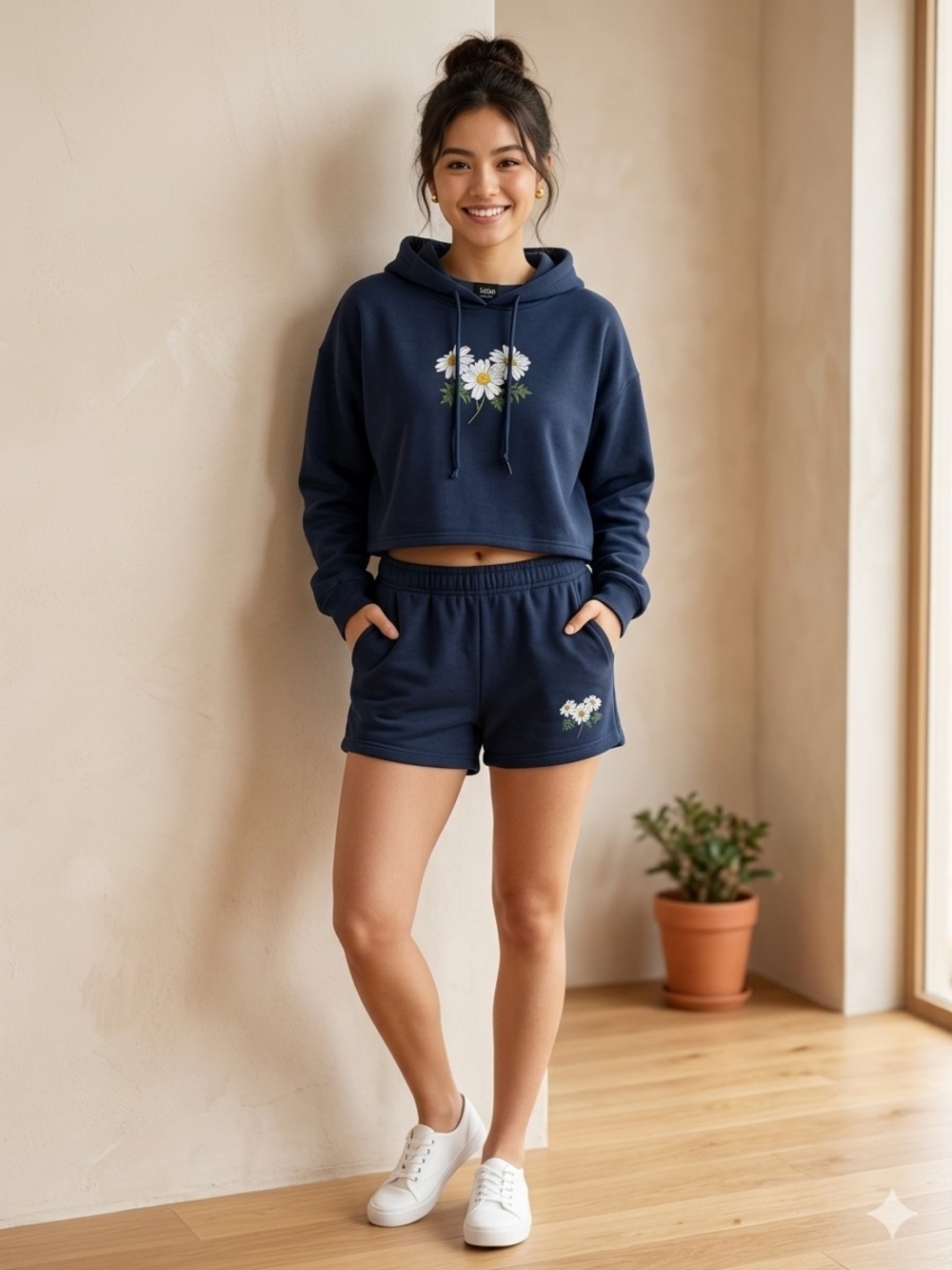 Soho Apparel Daisy Embroidered Cropped Hoodie & Shorts lounge set